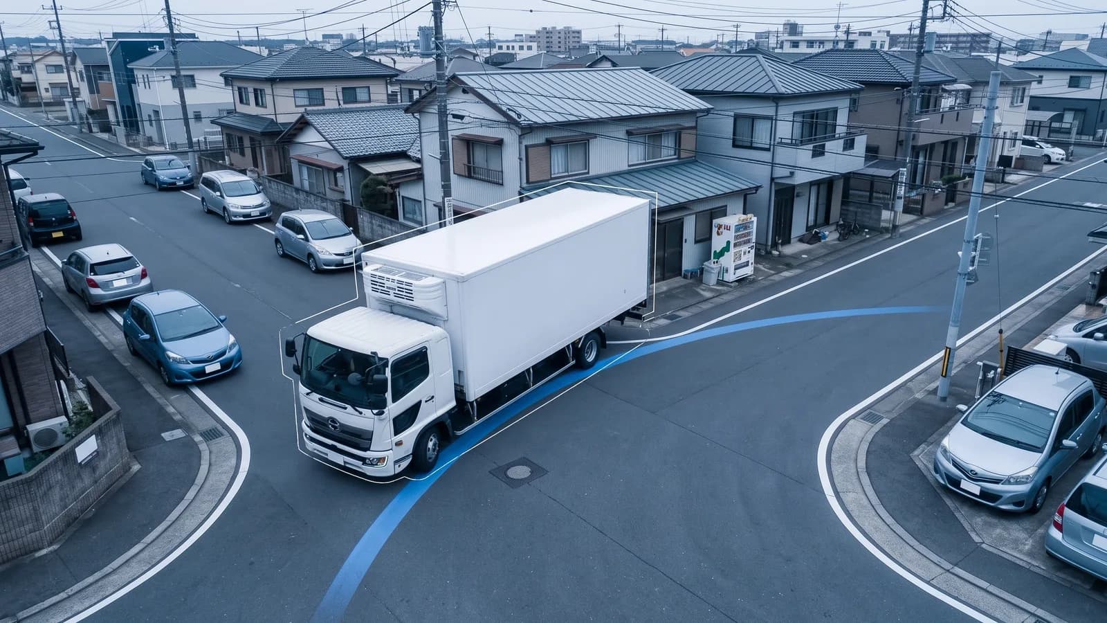 カーブを曲がる連結車の掃過範囲。内側は車軸位置の後輪、外側は前端の外側の角で決まる