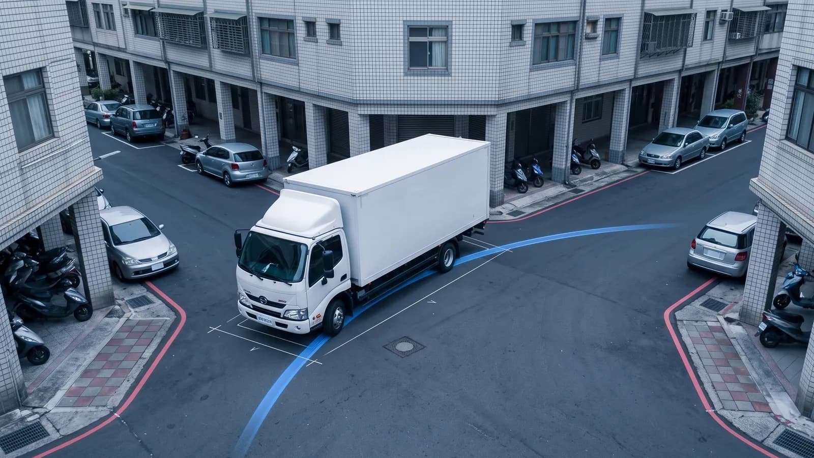 半聯結車在彎道上的掃掠範圍，內側由車軸位置的內側後輪決定，外側由車身前方外側角點決定