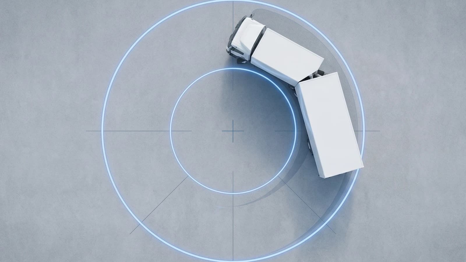 Top-down view of an articulated truck (tractor-trailer) within the BO-Kraftkreis annular driving zone per § 32d StVZO