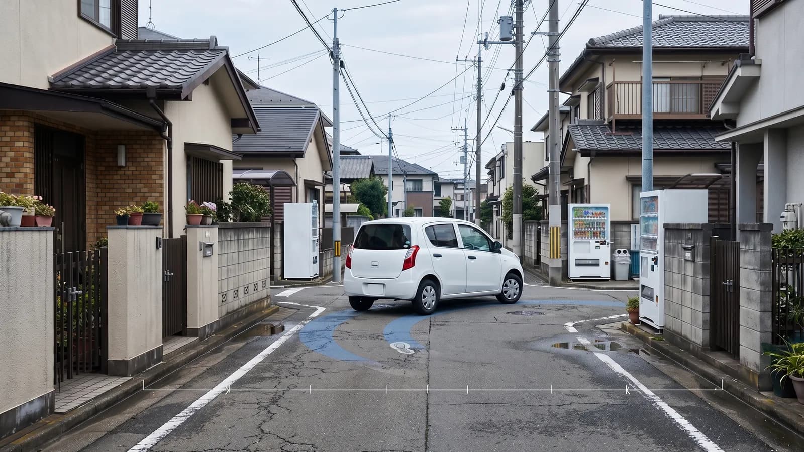 住宅地の袋路状道路で向きを変える白い小型車と、路面に描かれた青い軌跡の帯
