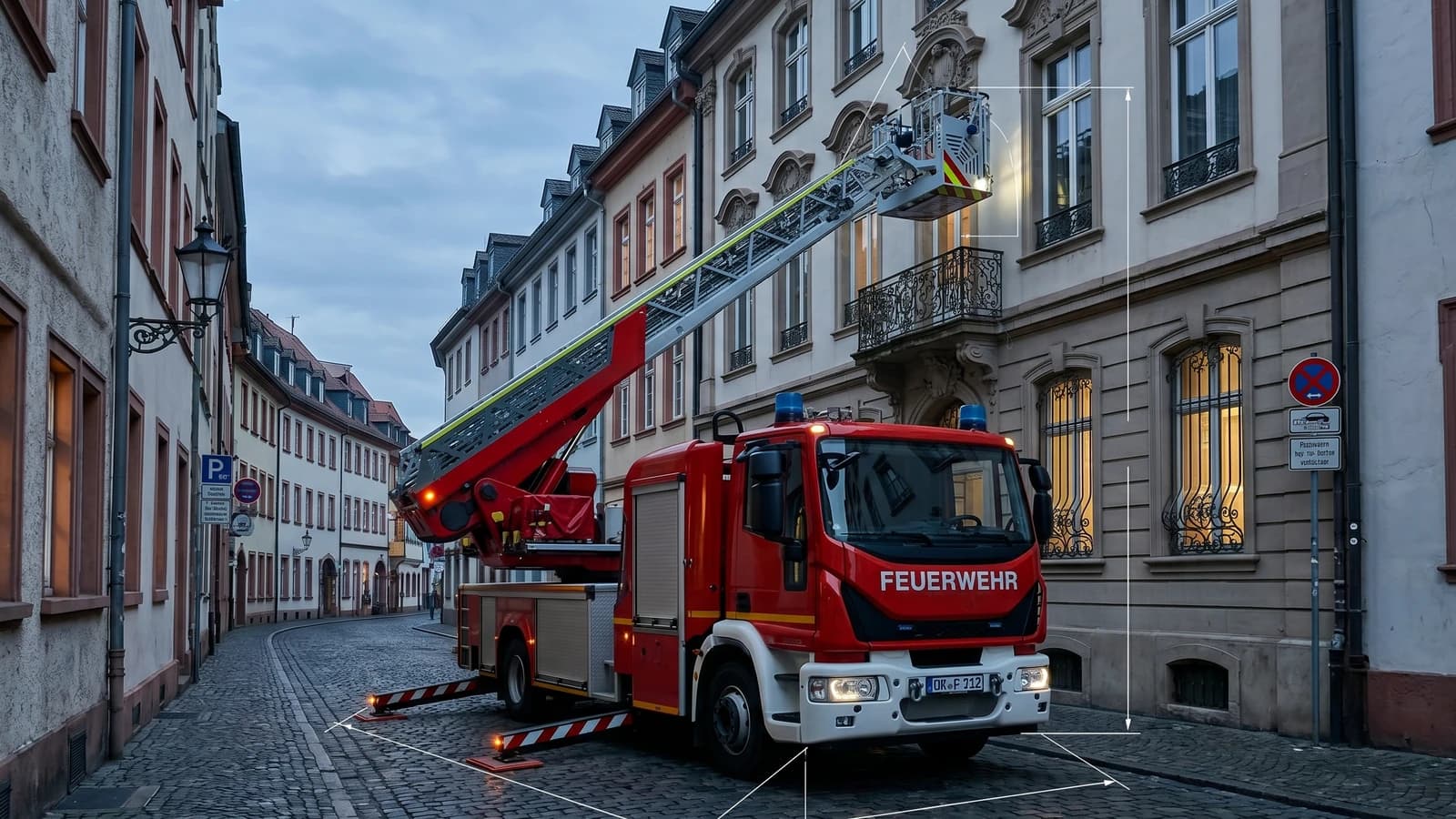 Drehleiter DLK 23/12 mit ausgefahrener Leiter und ausgeklappten Stützen