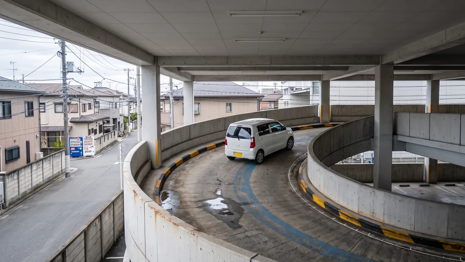 立体駐車場の曲線ランプを下る白い小型車と、内側の壁沿いに描かれた青い走行軌跡の帯