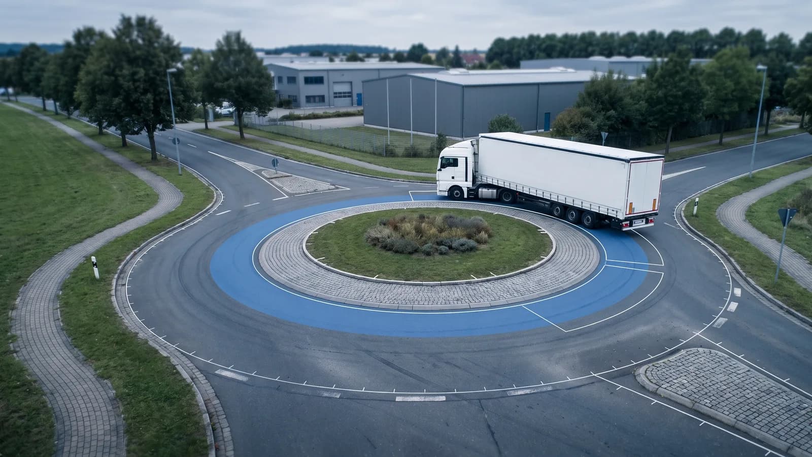 Weißer Sattelzug in einem einstreifigen Kreisverkehr am Rand eines Gewerbegebiets, ein blaues Schleppkurvenband unter den Innenrädern von Zugmaschine und Auflieger läuft über den gepflasterten überfahrbaren Innenring der Mittelinsel