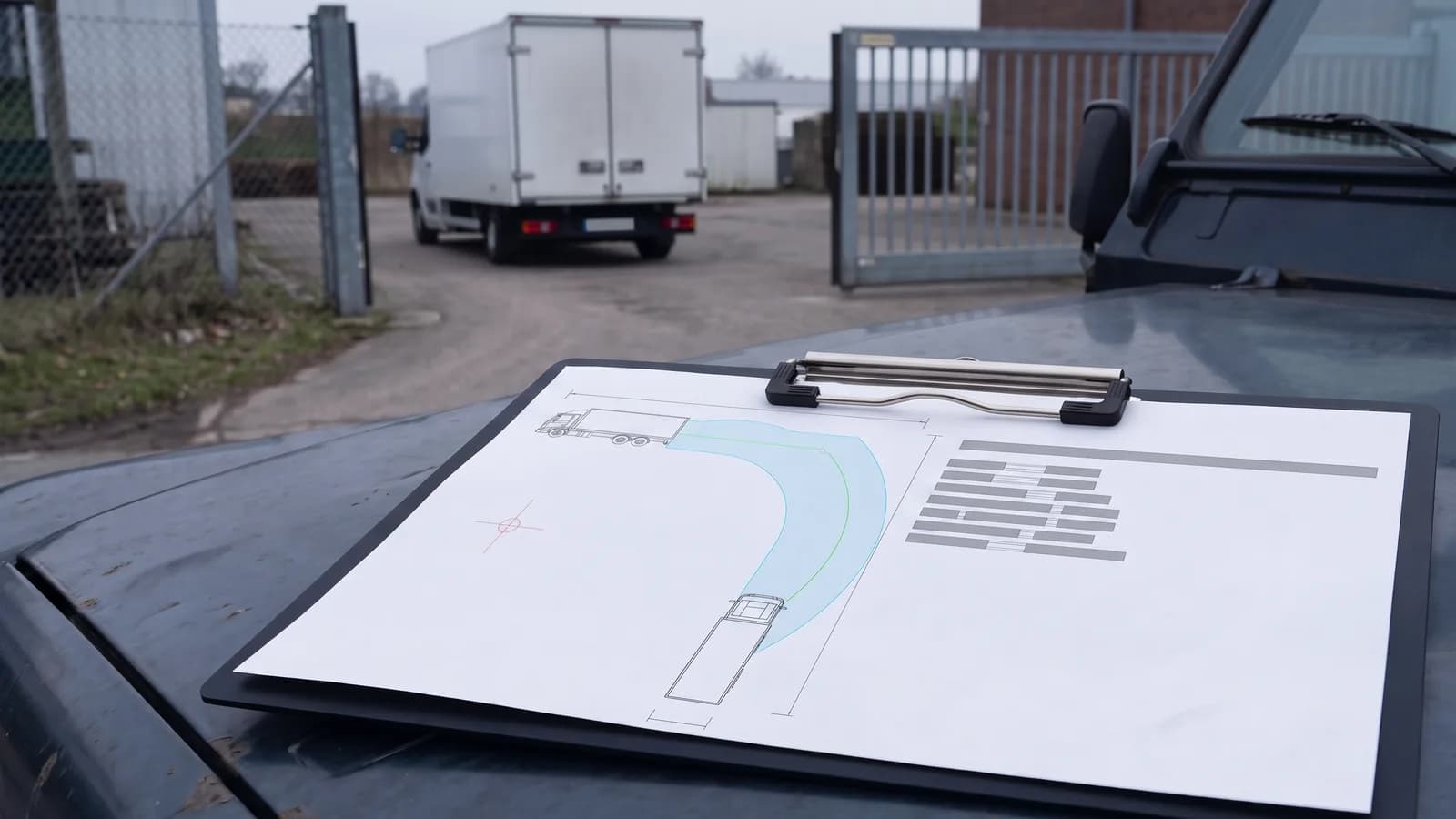 Épure de giration imprimée d'un camion à deux essieux, avec point de référence et fiche technique du véhicule, sur une planchette posée sur le capot ; au fond, le portail d'une parcelle et un camion