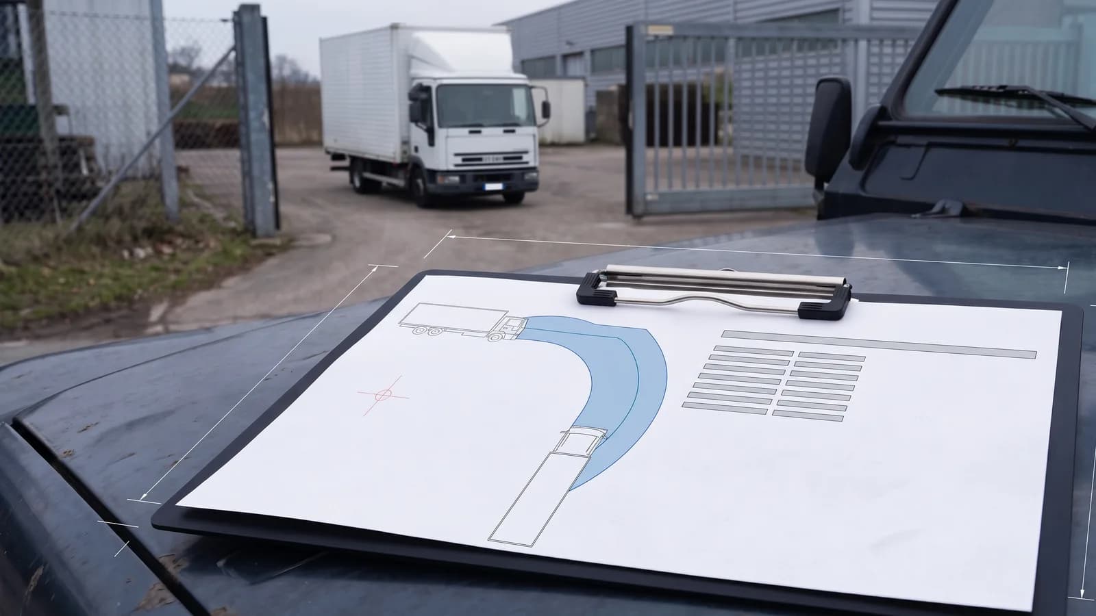 Stampa della fascia di ingombro di un autocarro a due assi, con punto di riferimento e scheda tecnica del veicolo, su una cartellina appoggiata al cofano; sullo sfondo il cancello del lotto e un camion