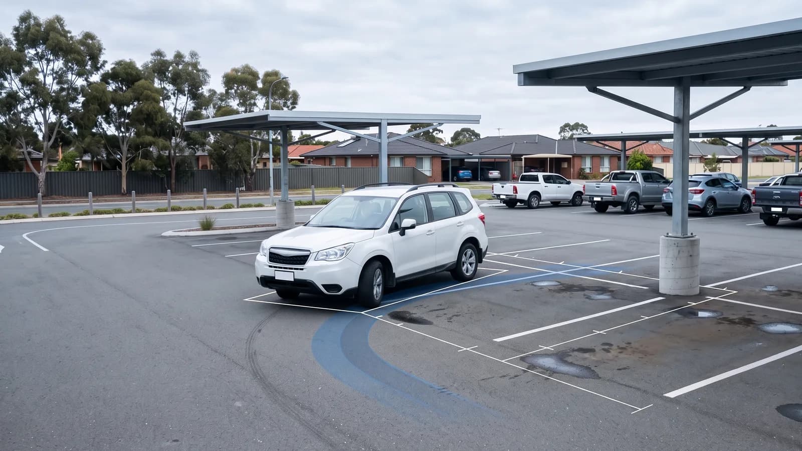 White SUV turning into a 90-degree bay in an open-air Australian car park, a blue swept path band under the inner wheels and a shade-canopy column close to the bay corner