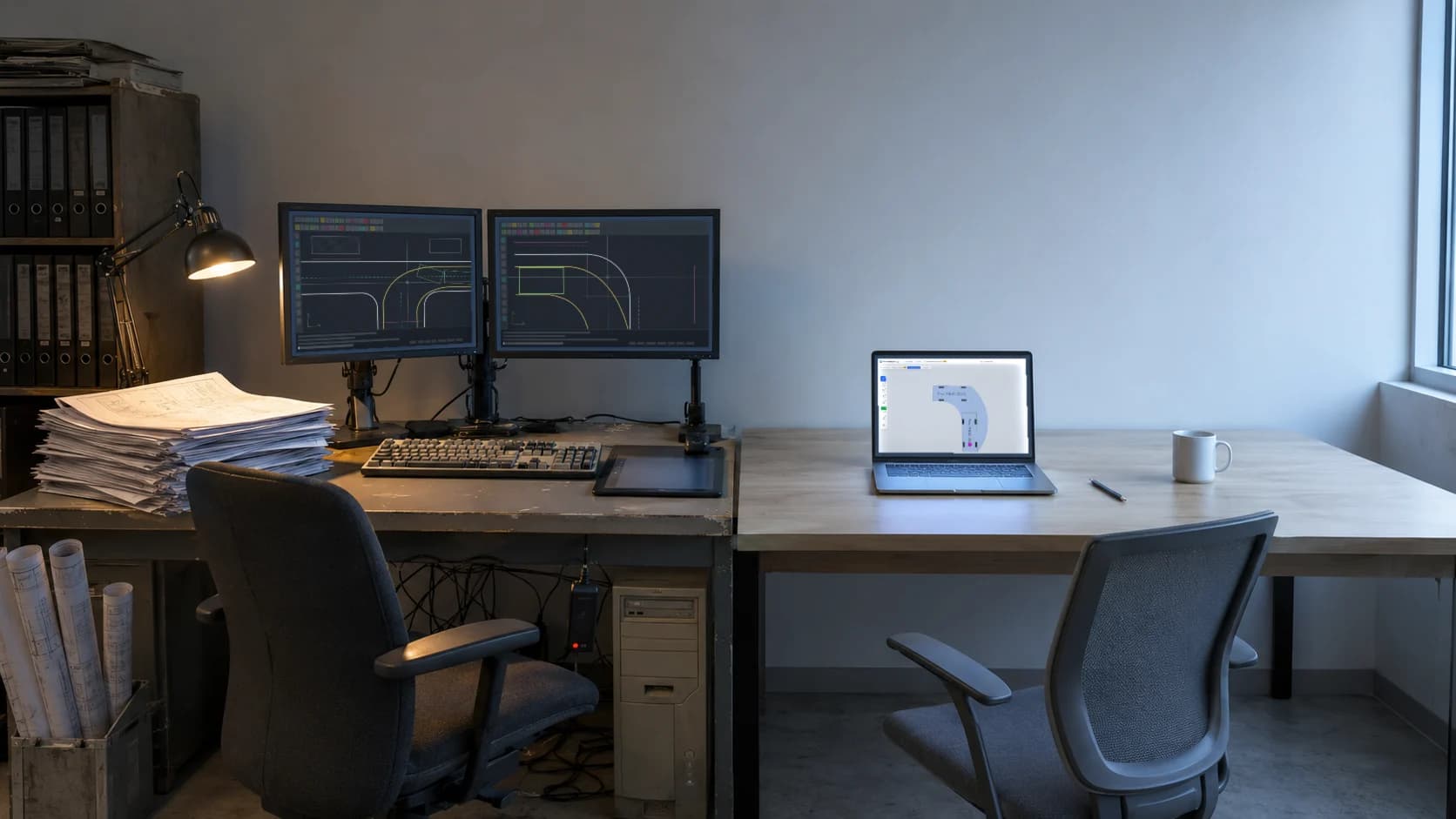 Zwei Arbeitsplätze nebeneinander: links eine CAD-Workstation mit Doppelmonitor und Planstapeln, rechts ein Laptop mit einer Schleppkurvenanalyse im Browser