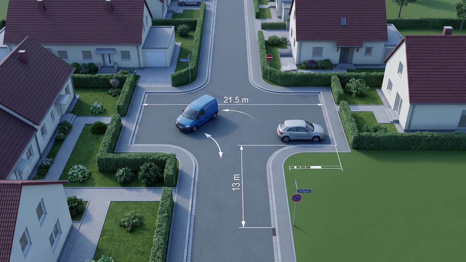 T-Einmündung in einem Wohngebiet mit Bemaßung (21,5 × 13 m) zur Darstellung der Wendegeometrie für Sackgassen