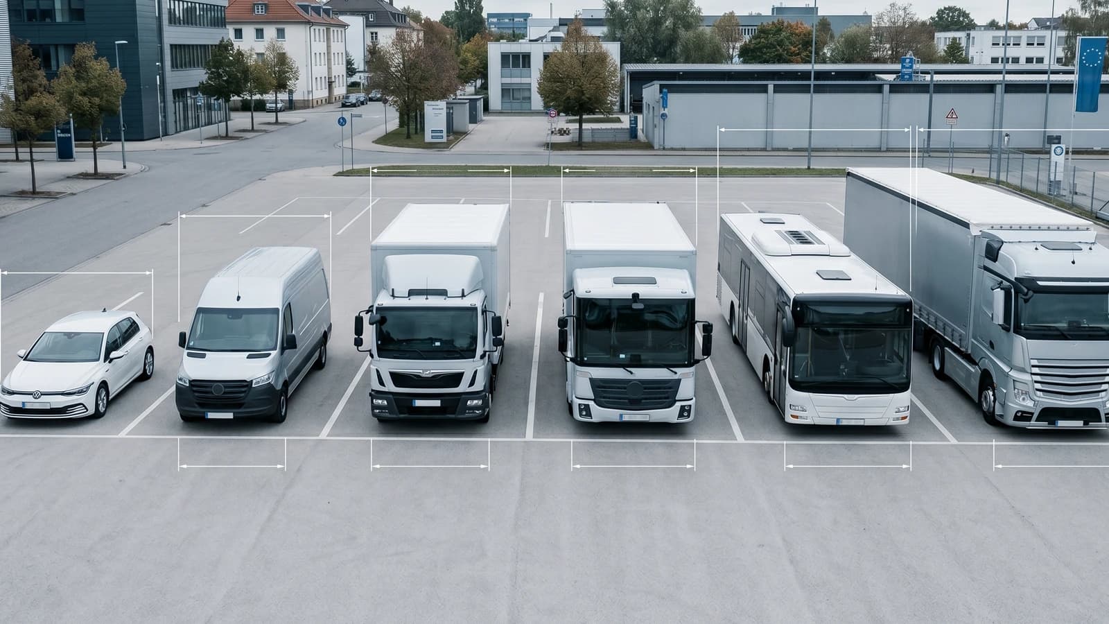 Europäische Bemessungsfahrzeuge in der Draufsicht: Pkw, Transporter, 2- und 3-achsige Lkw, Bus und Sattelzug