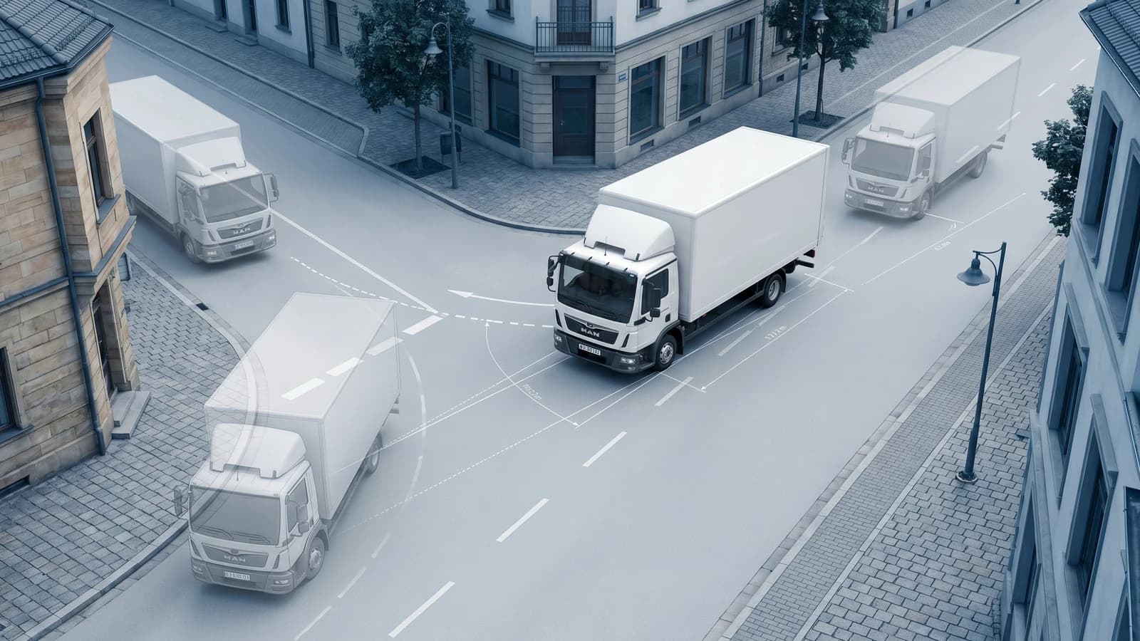 Mehrere Lieferfahrzeuge an einer Stadtkreuzung mit eingezeichneten Schleppkurven-Trajektorien