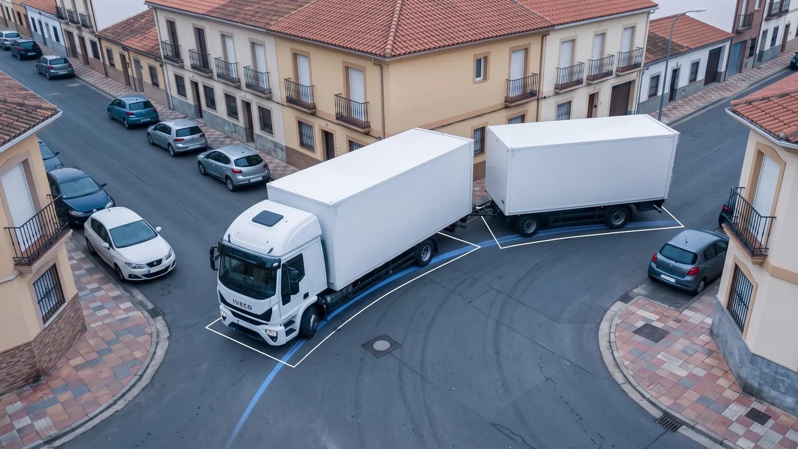 Envolvente de giro de un camión articulado en una curva, con la superficie barrida entre la rueda trasera interior y la esquina delantera exterior