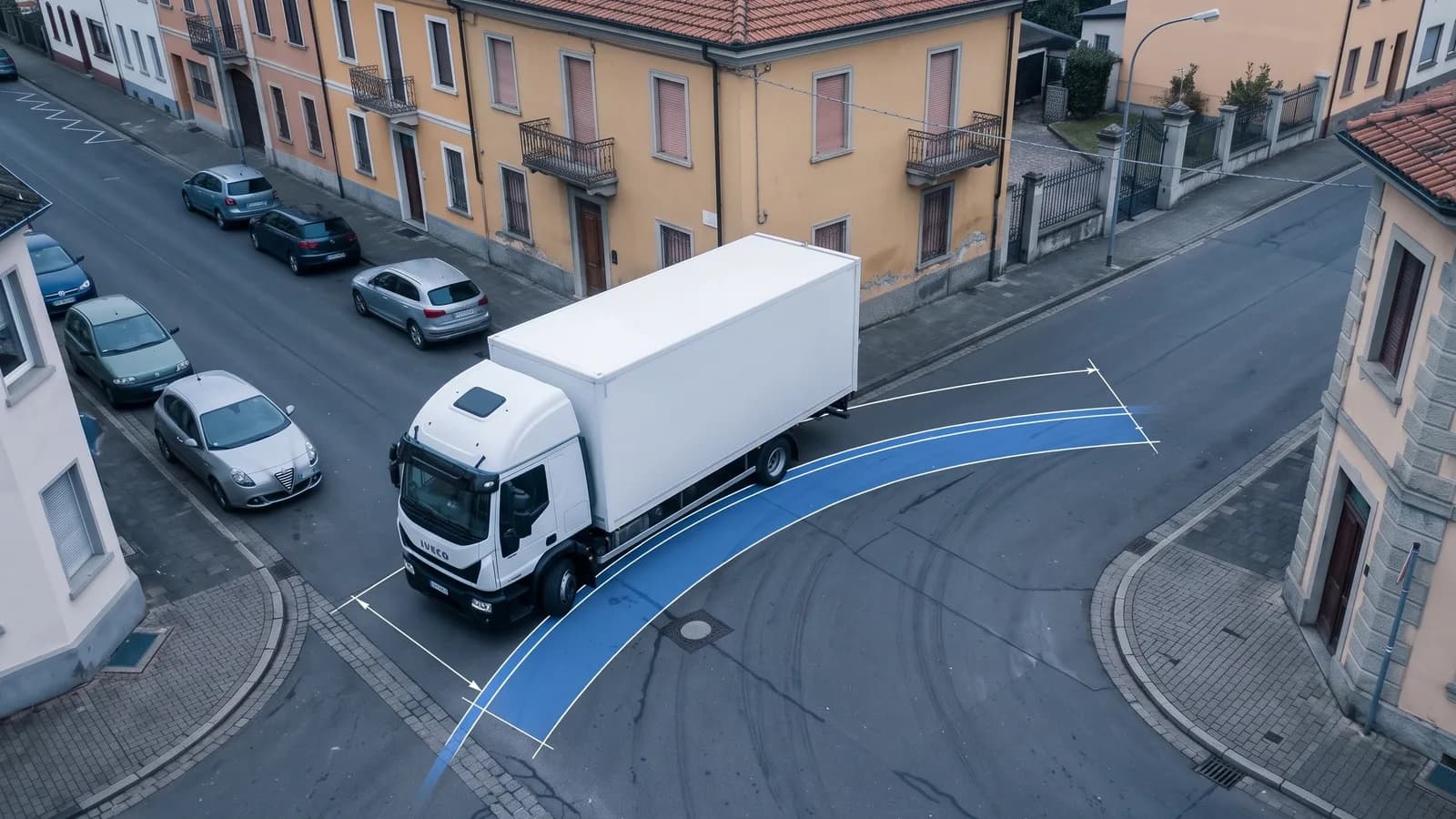Schermo con una planimetria: la fascia di ingombro di un autoarticolato che affronta una curva, dalla ruota posteriore interna allo spigolo anteriore esterno
