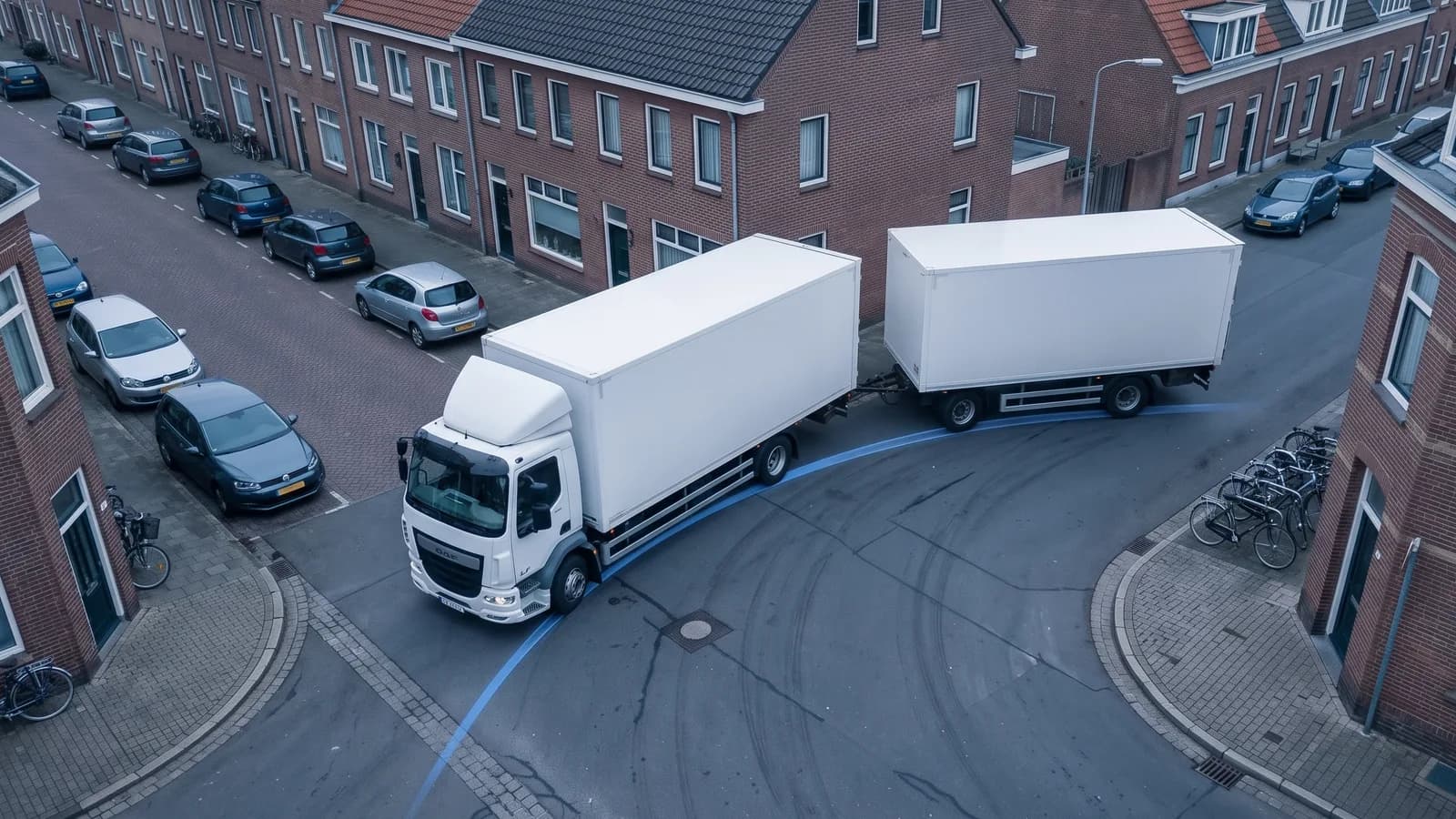 Rijcurve van een trekker met oplegger in een bocht, met de bestreken baan tussen het binnenste achterwiel en de buitenste voorhoek