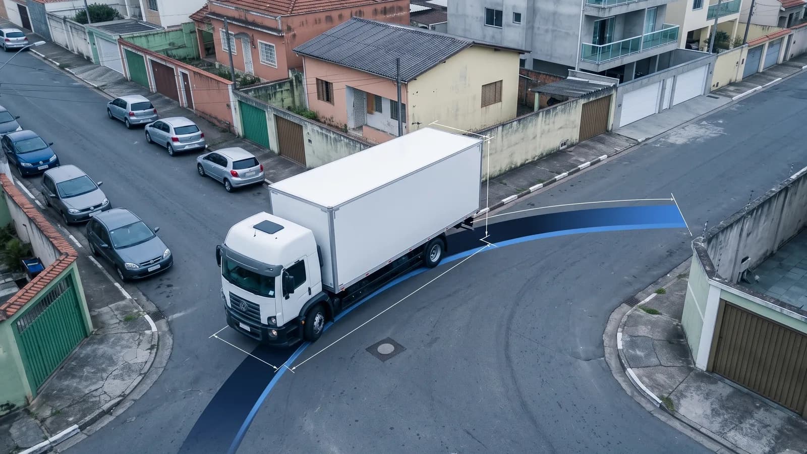 Varredura de um caminhão articulado em uma curva, com a área coberta entre a roda traseira interna e o canto dianteiro externo