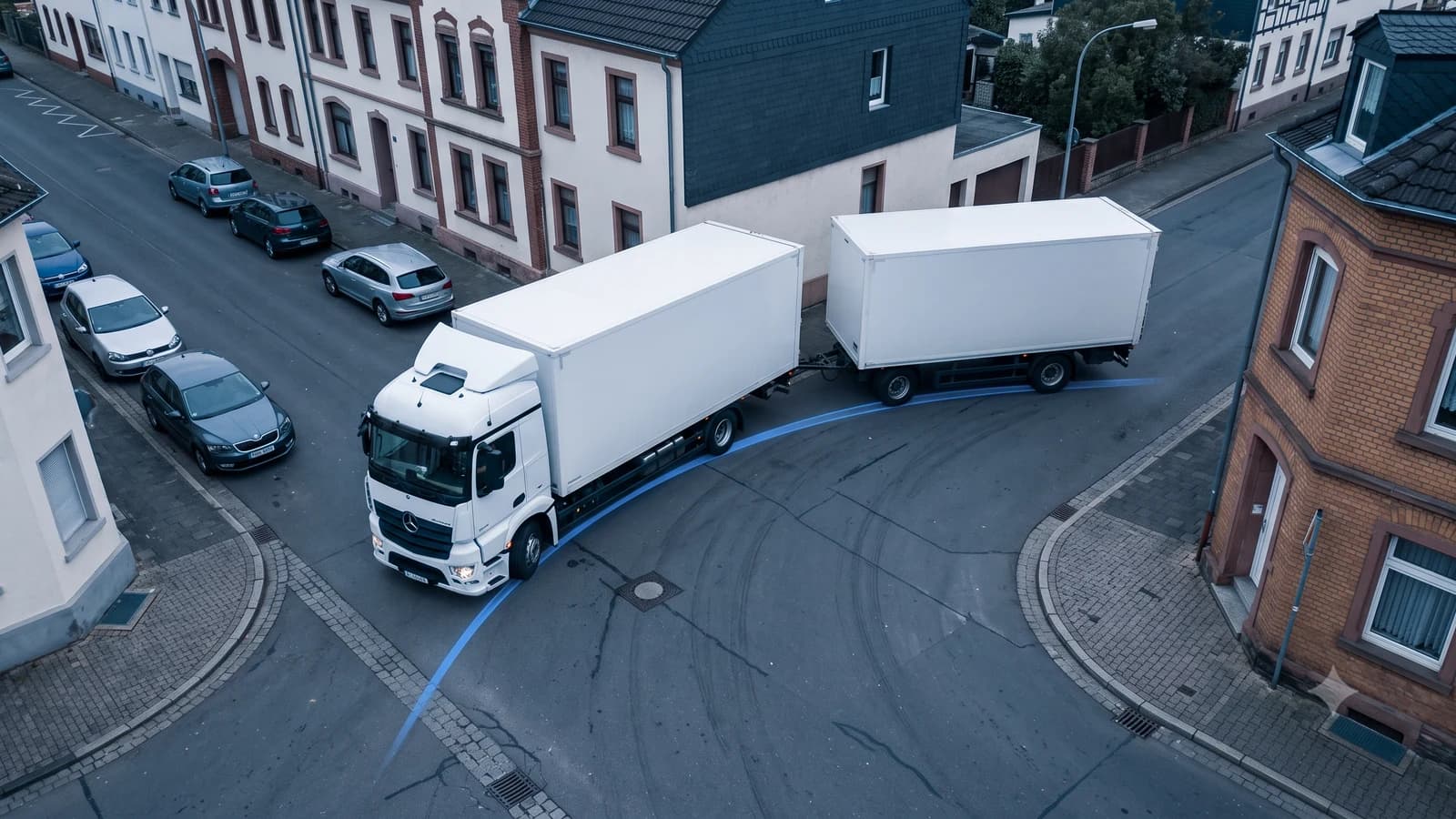 Articulated vehicle in a tight turn with visible swept path and trailer off-tracking