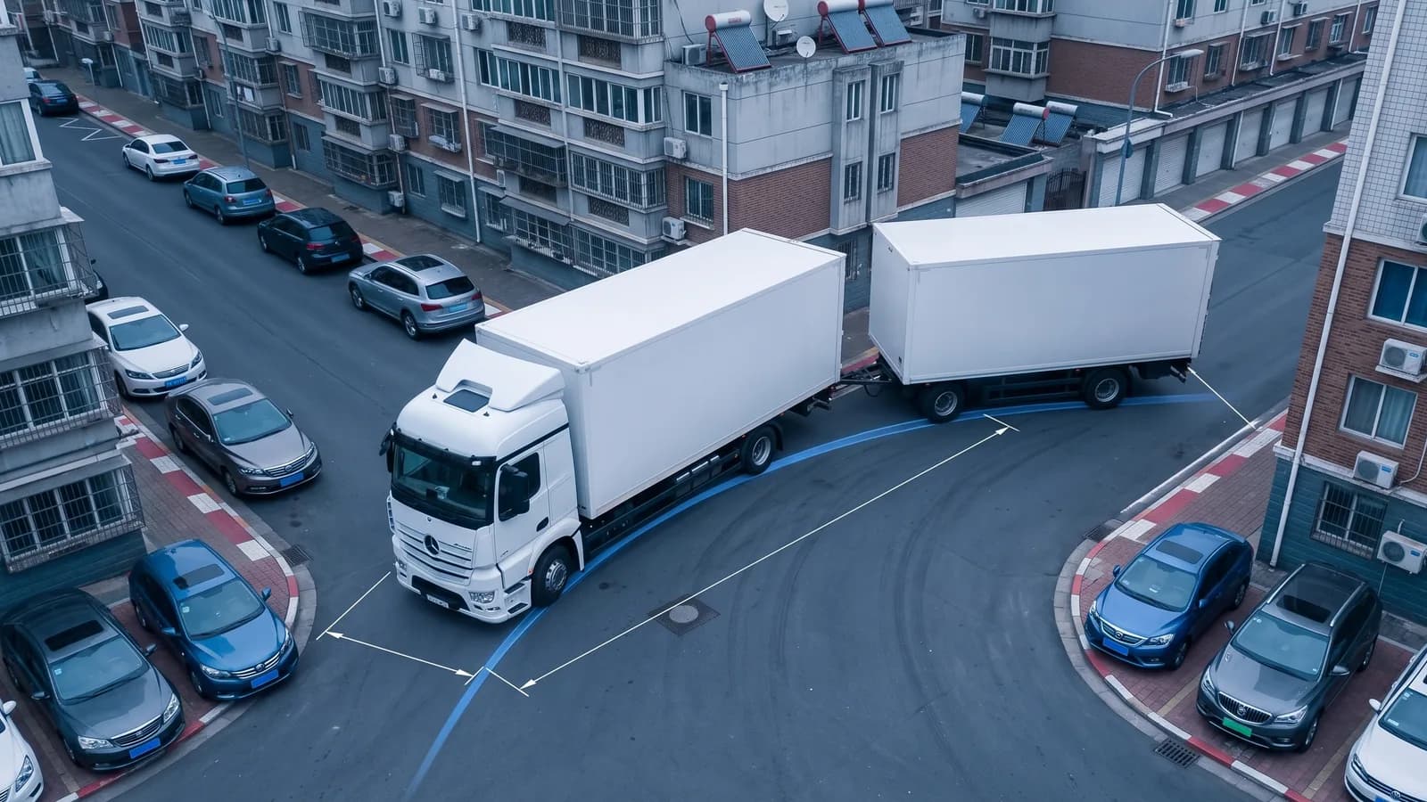 铰接列车(半挂牵引车加半挂车)在弯道上的轨迹范围,内侧由车轴位置的内侧后轮决定,外侧由车身前部外侧角点决定