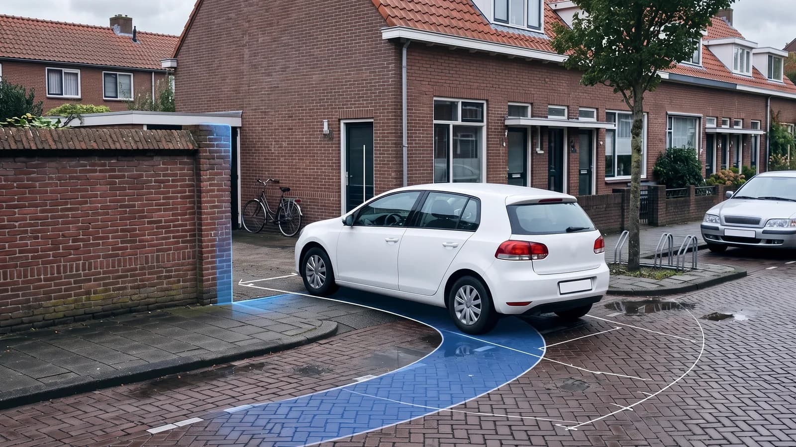 Witte hatchback die vanaf een woonstraat een smalle inrit tussen een tuinmuur en een geparkeerde auto indraait, met een blauwe rijcurveband onder de binnenwielen