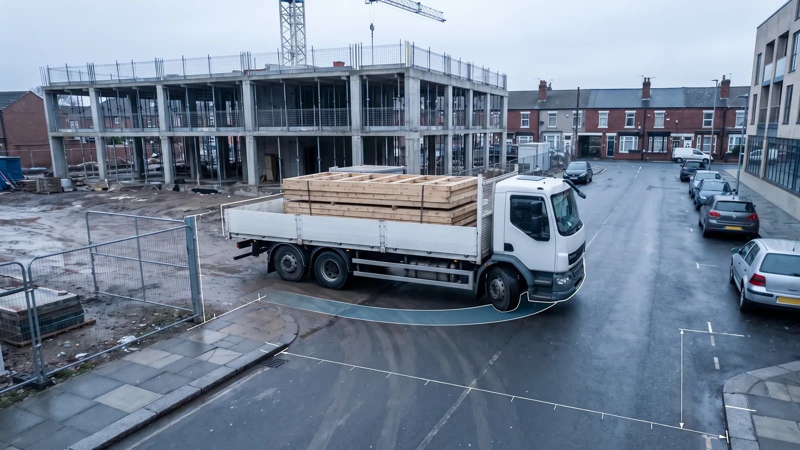 White flatbed truck loaded with timber frames turning from a terraced street through the gate of an inner-city building site, a blue swept path band under the inner wheels close to the gate post and a tower crane over the concrete frame behind