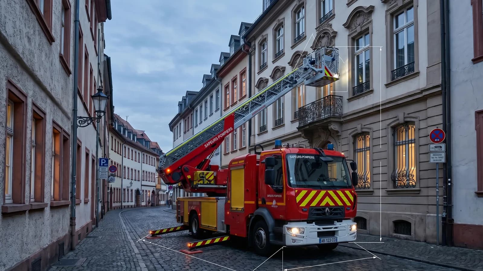 Échelle pivotante avec échelle déployée et stabilisateurs déployés