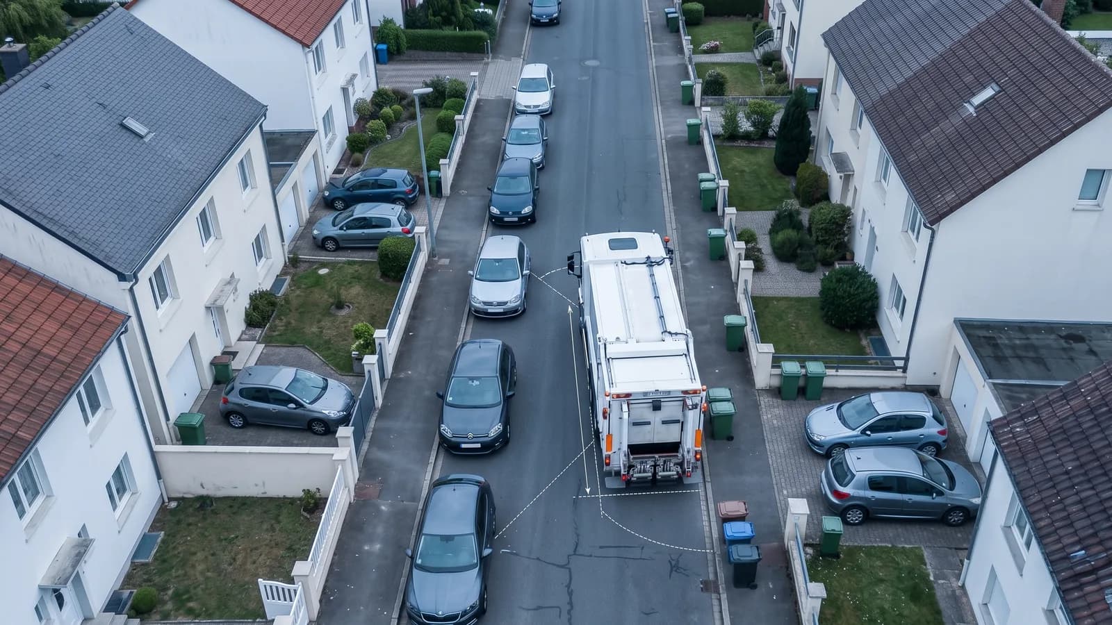 Camion poubelle en collecte dans une rue résidentielle étroite, vue aérienne avec maisons mitoyennes, voitures en stationnement et bacs au bord du trottoir