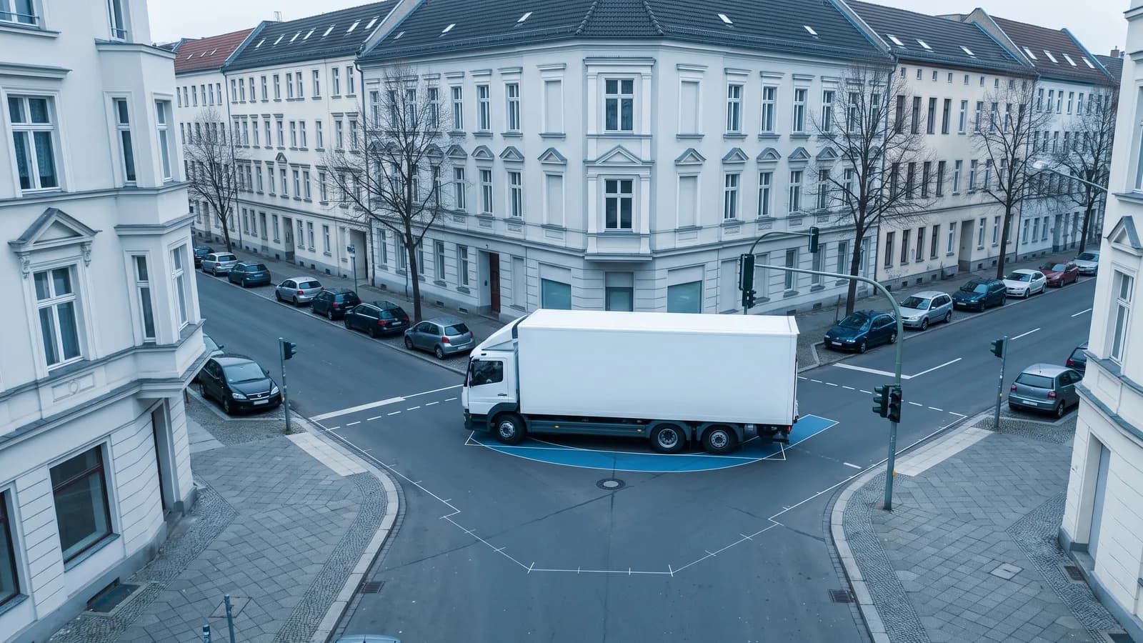Weißer dreiachsiger Lkw beim Rechtsabbiegen an einer innerstädtischen Kreuzung, ein blaues Schleppkurvenband unter den Innenrädern dicht an der Eckausrundung des Bordsteins