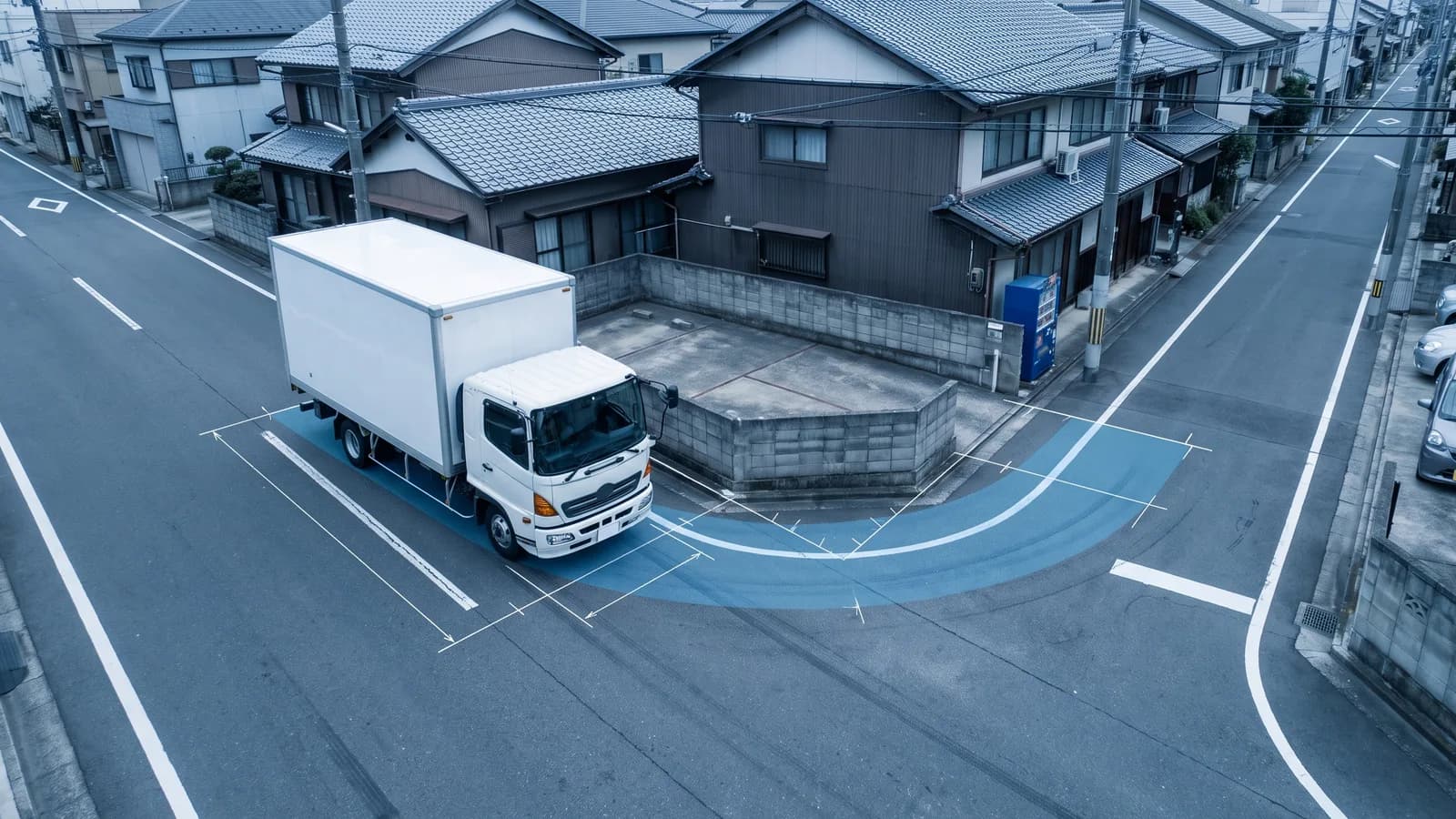 隅切りのある住宅地の交差点を曲がる白いキャブオーバー型トラックと、内側の車輪の下に描かれた青い掃過範囲の帯