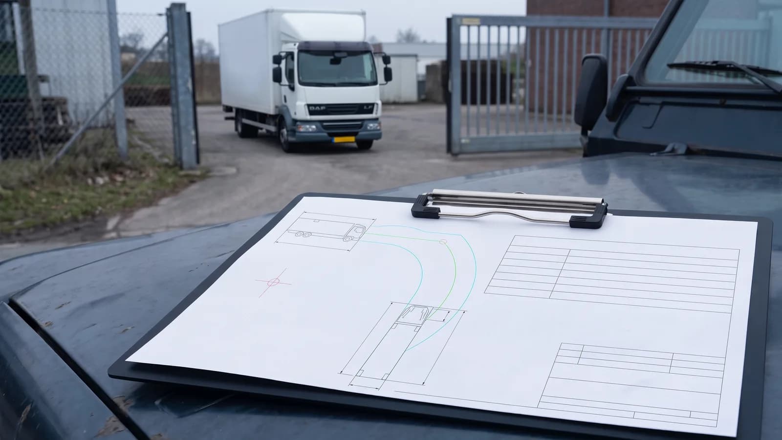 Afgedrukte rijcurve van een tweeassige vrachtwagen met referentiepunt en voertuiggegevensblad op een klembord op de motorkap, op de achtergrond een toegangspoort en een vrachtwagen