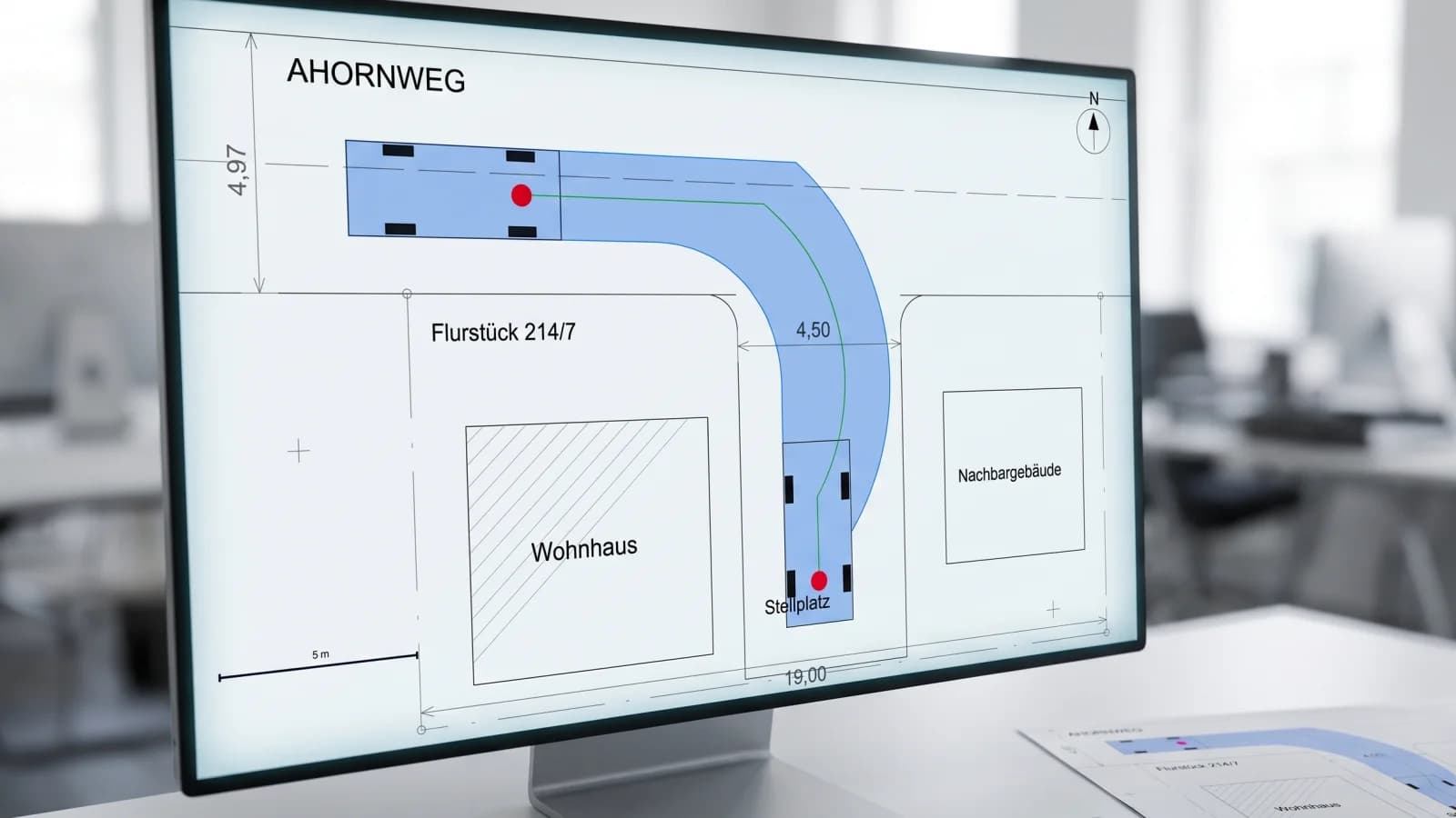 Monitor mit einem Lageplan: Schleppkurve eines PKW von der Straße über die 90-Grad-Einfahrt zum Stellplatz zwischen Wohnhaus und Nachbargebäude