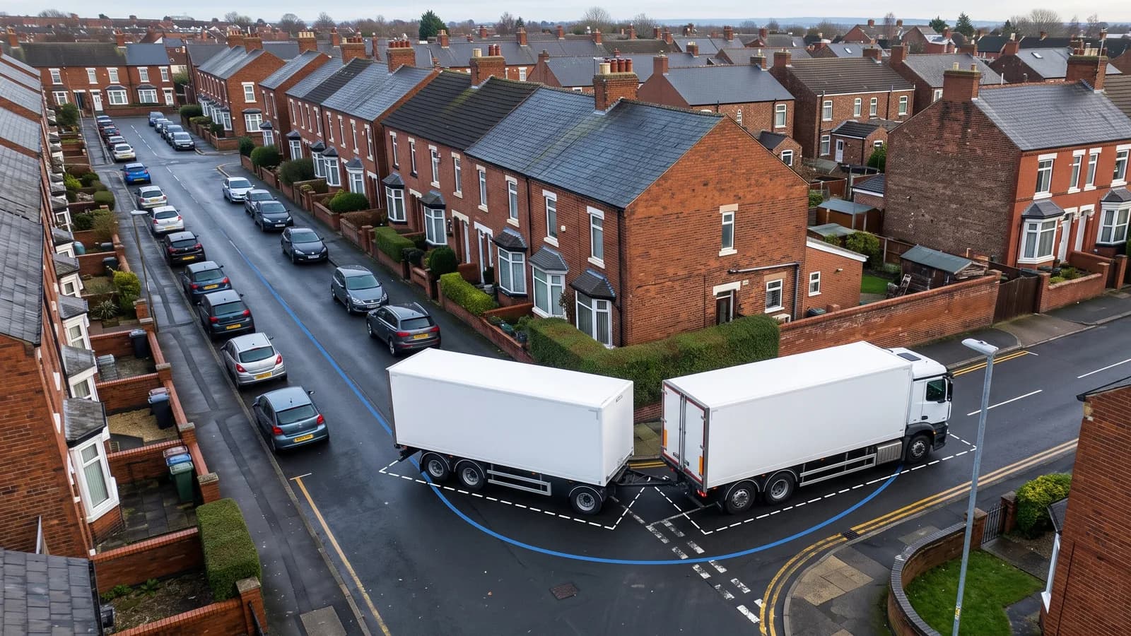 Rigid lorry towing a drawbar trailer through a tight residential junction, its swept path marked as a blue curve on the road
