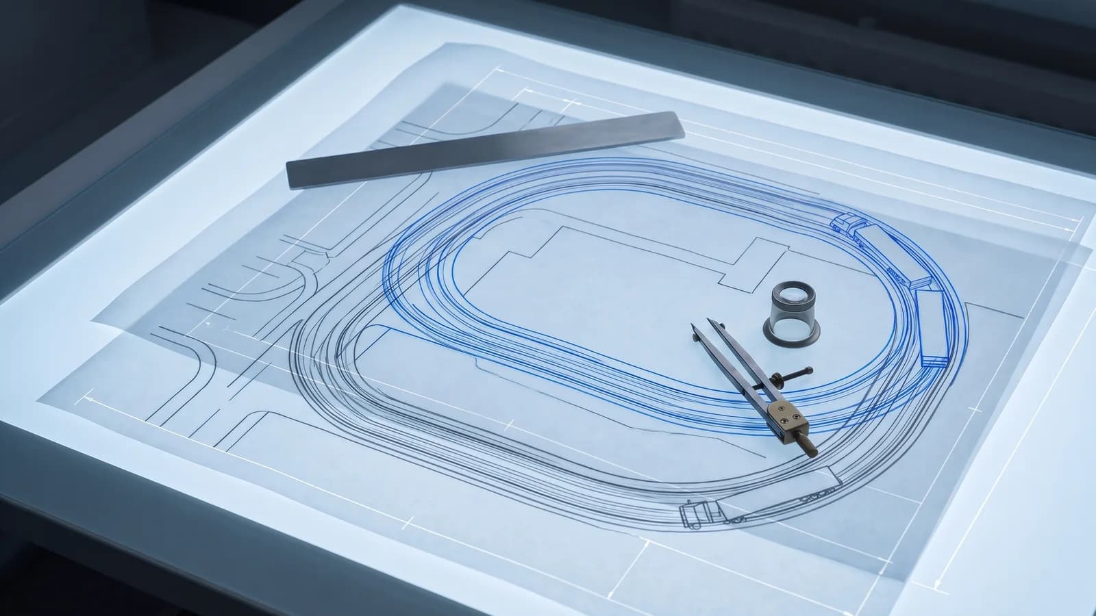 Two sheets of tracing film on a light table over a junction plan, each plotted with the same semi-trailer turning loop; the blue and grey swept-path bands lie on top of each other