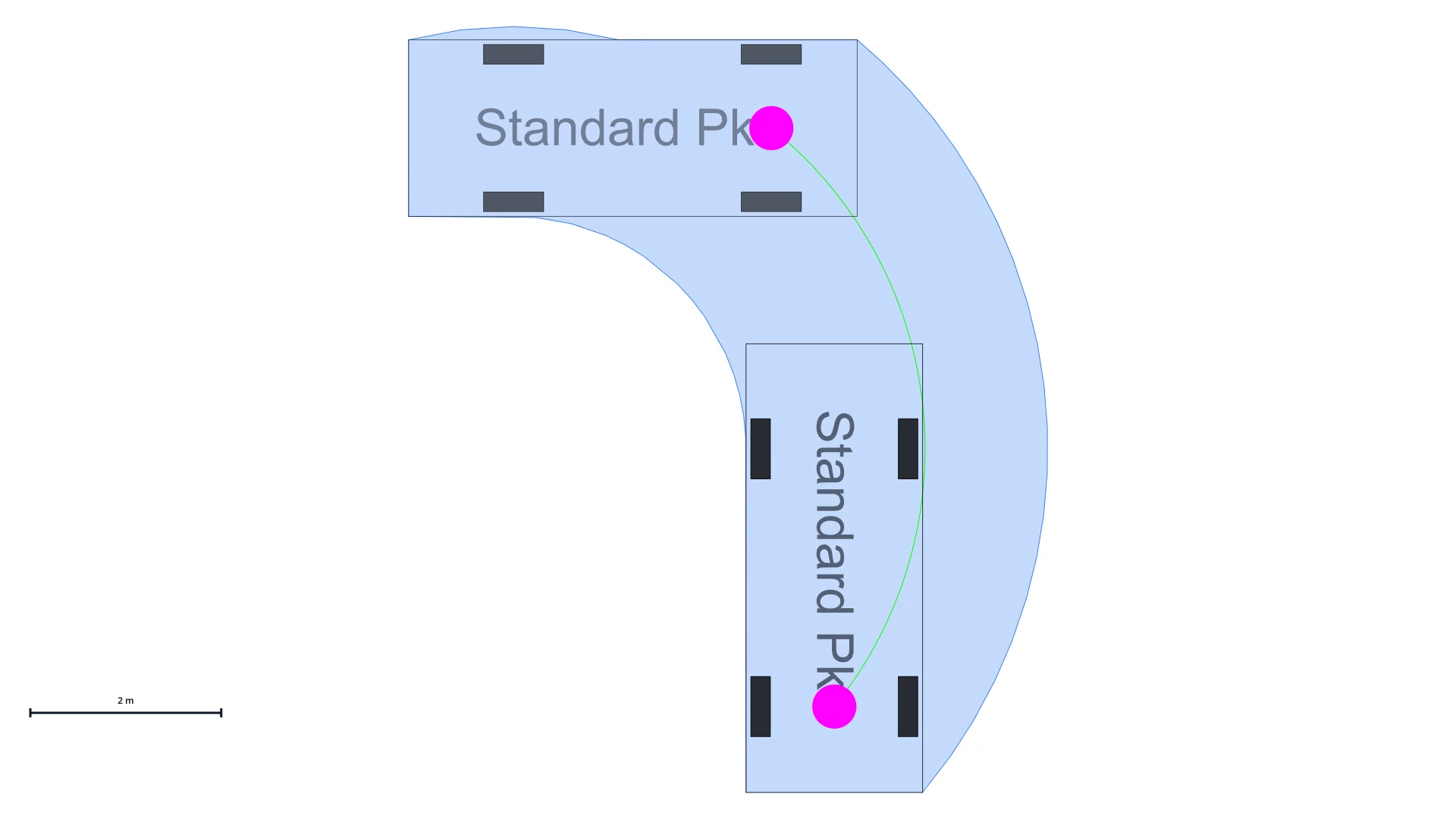 Standard-Pkw in einer 90°-Rechtskurve mit cyan eingefärbter Schleppkurve.